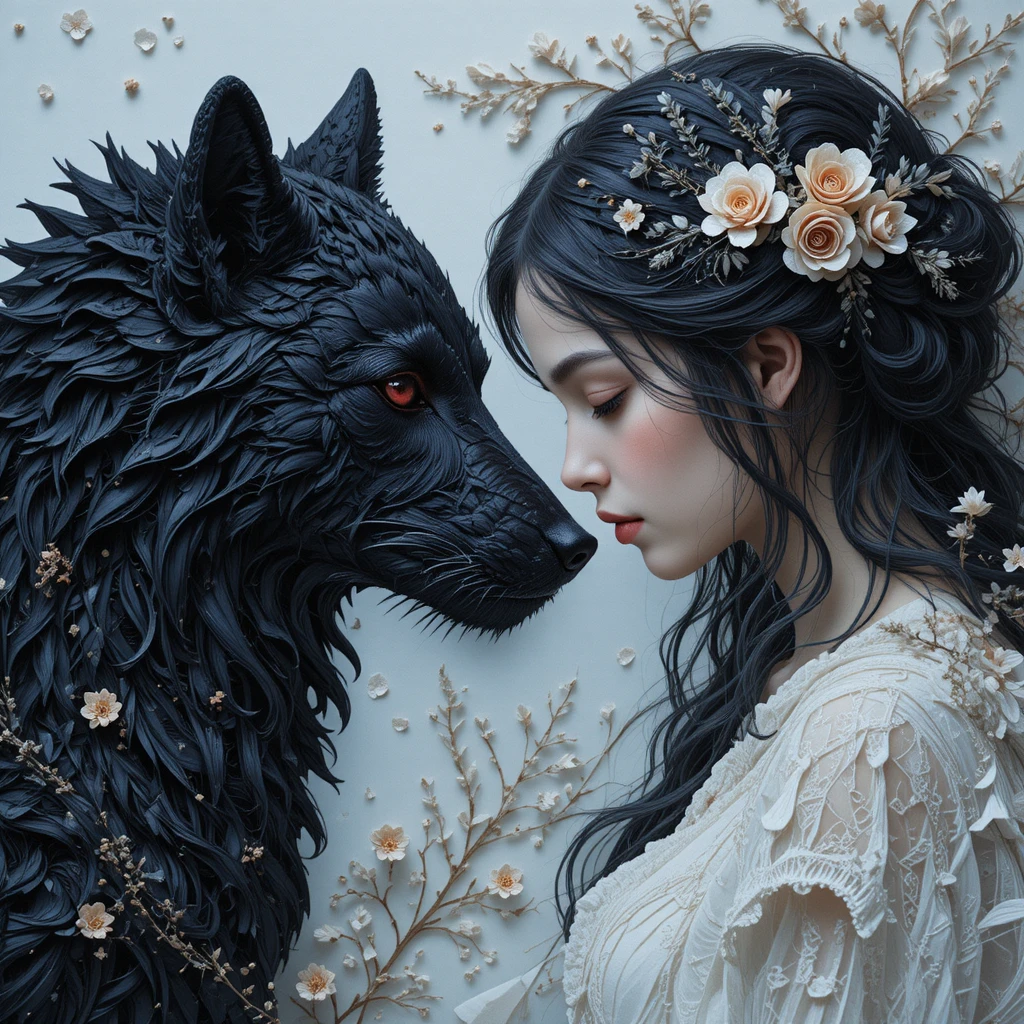Chica y lobo negro frente a frente en arte de quilling