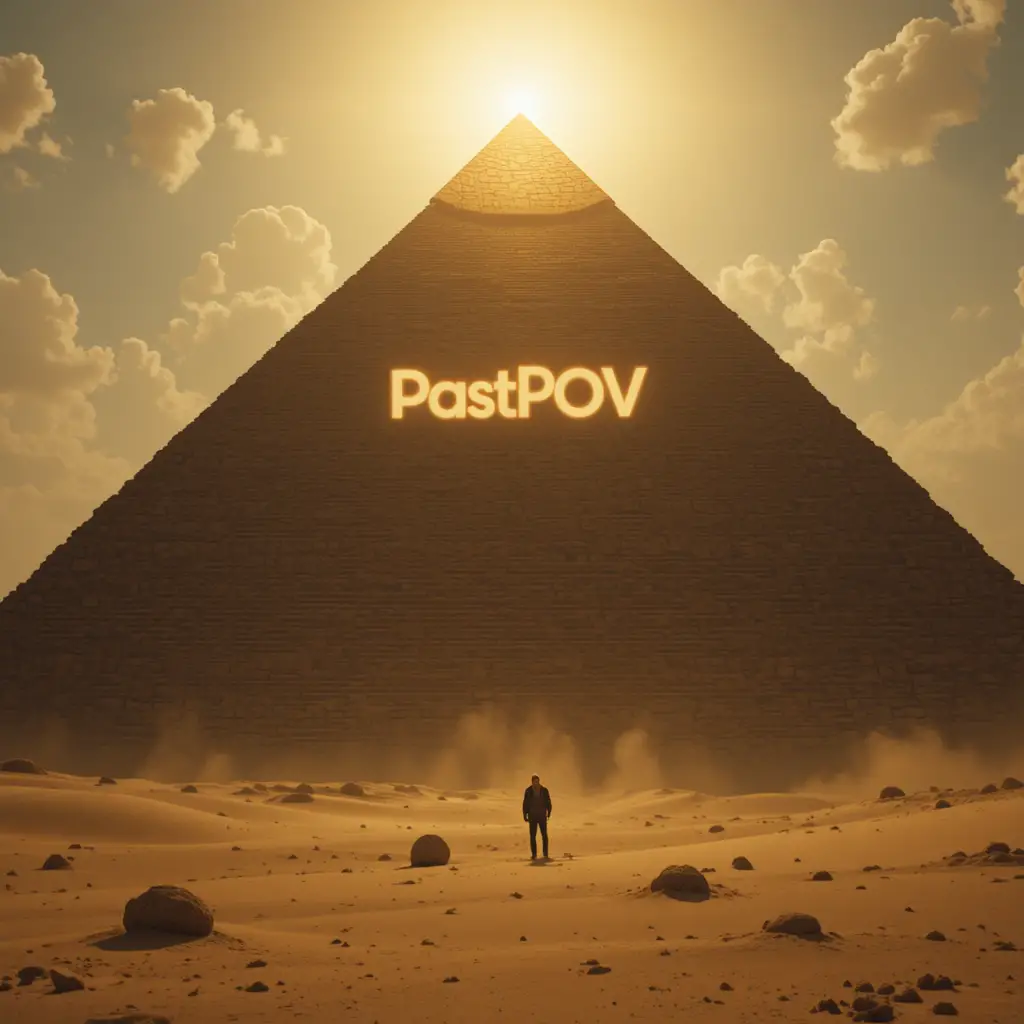 Low angle pyramid tip rising into glowing cinematic sky