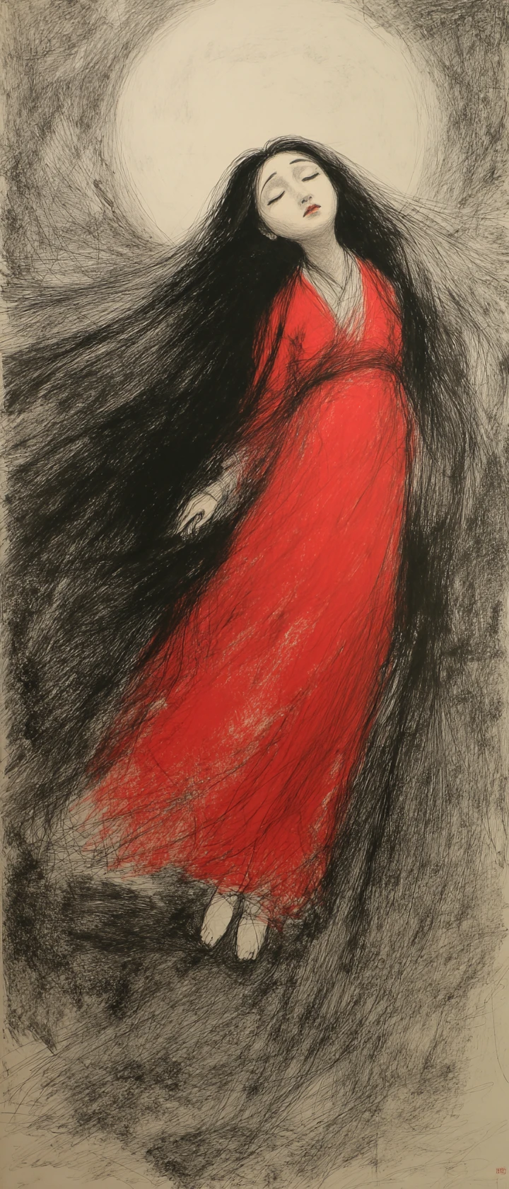 Princess dissolving into ethereal strokes beneath the moon