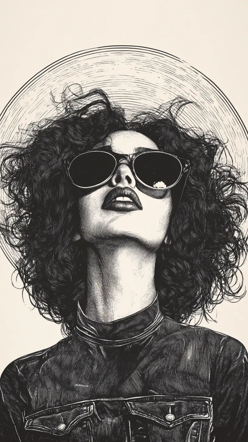 Mysterious woman in sunglasses with halo woodcut portrait