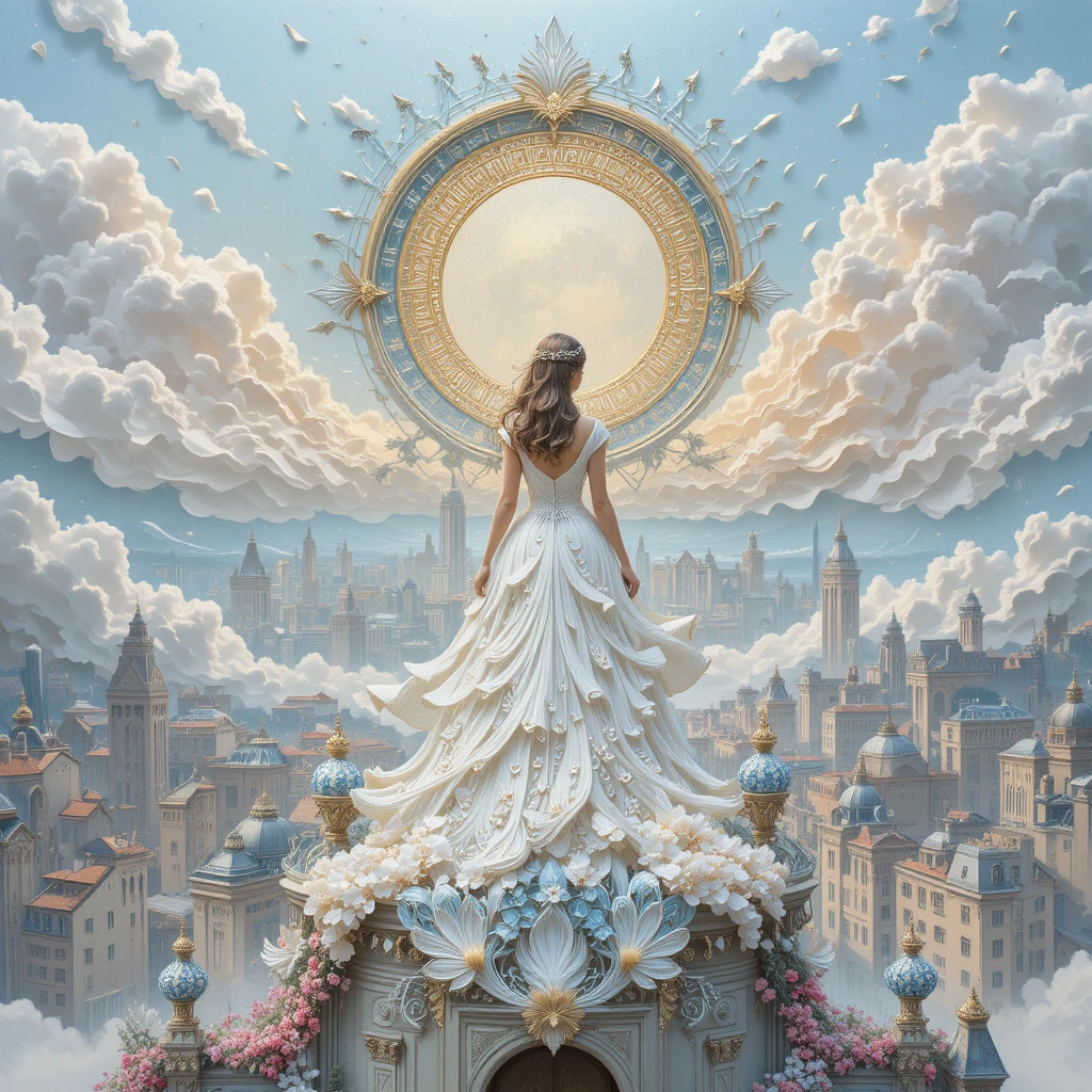 Girl in white dress on city rooftop made of quilling