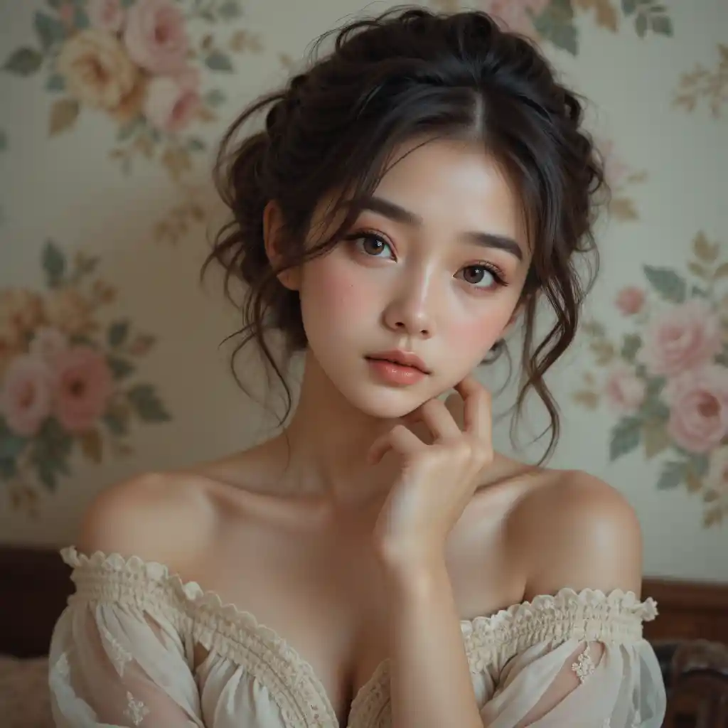 Young woman portrait against vintage floral wallpaper