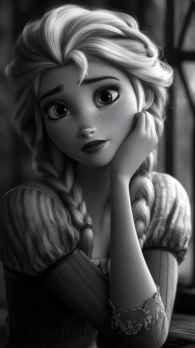 Black and white fairytale portrait of a contemplative princess
