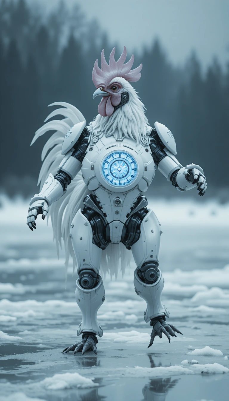 Mechanical rooster dancing gracefully on a frozen lake