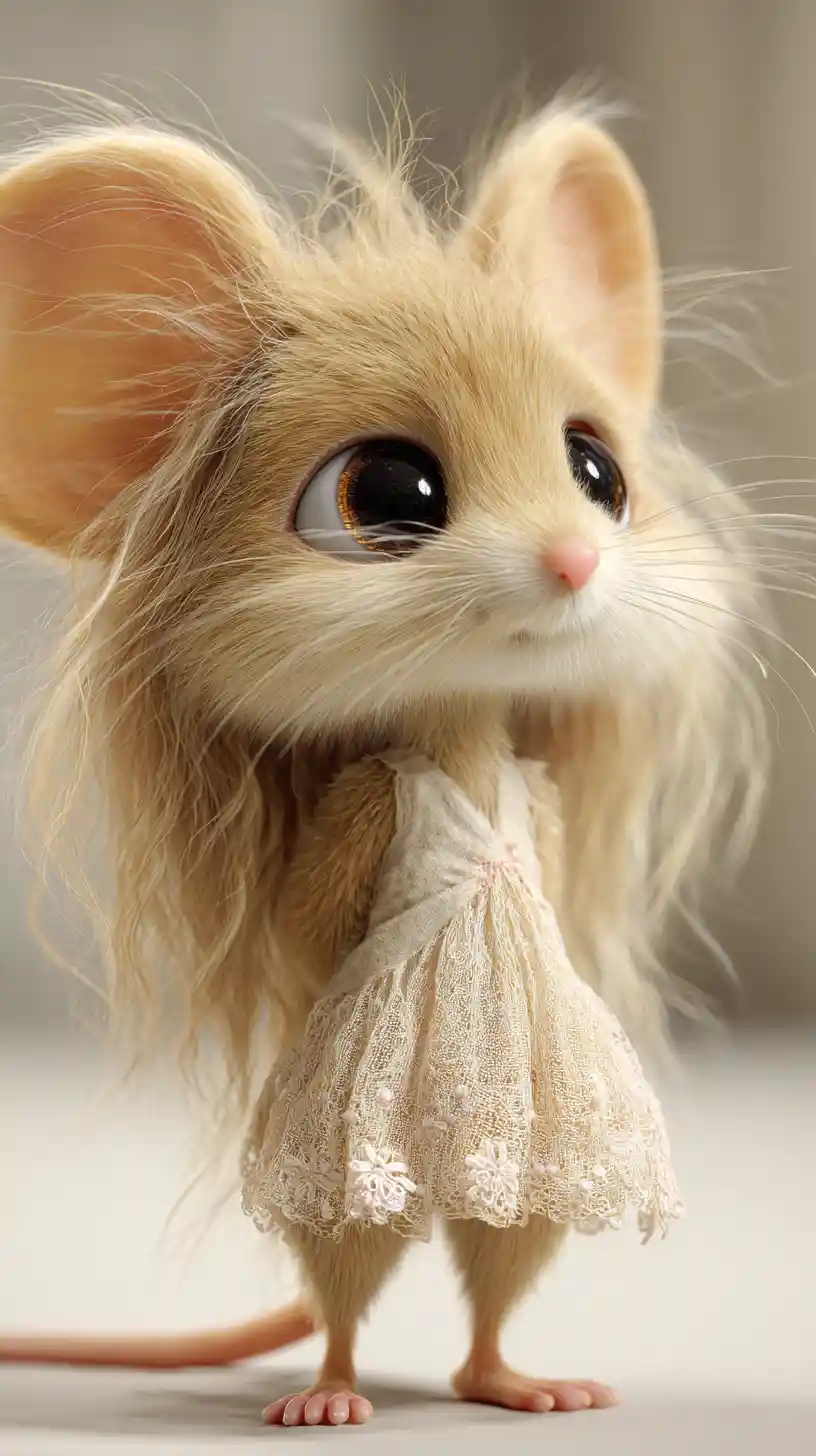 Tierna niña ratoncita 3D estilo caricatura con vestido romántico en tonos pastel