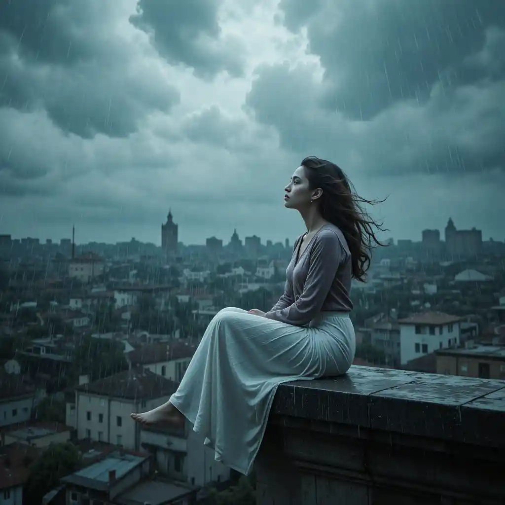 Young woman on classic urban rooftop under stormy sky