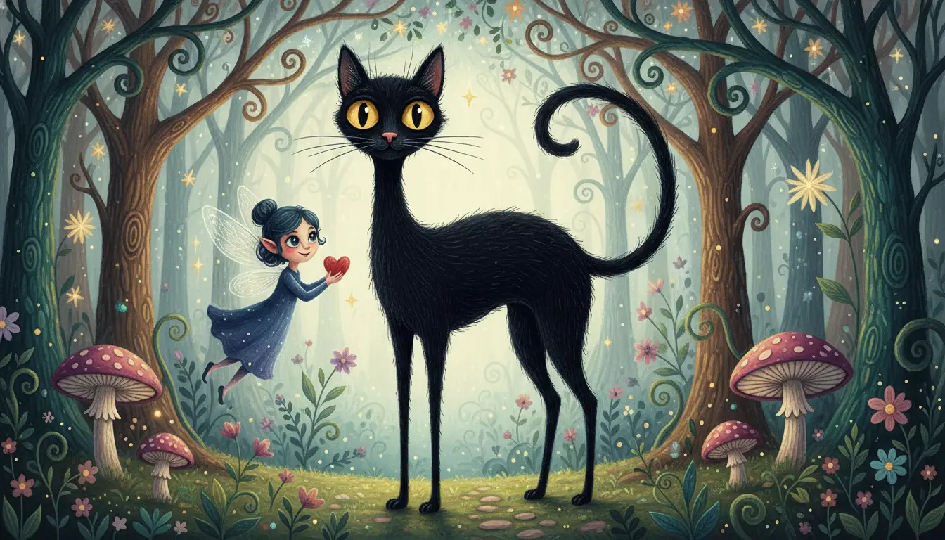 Tall black folk art cat with tiny fairy friend