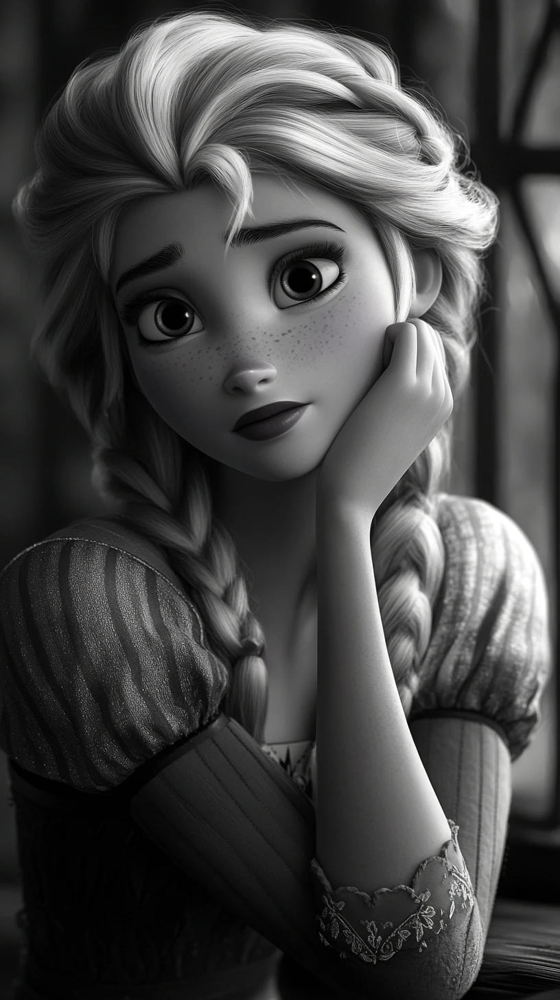 Retrato em preto e branco de conto de fadas de uma princesa pensativa