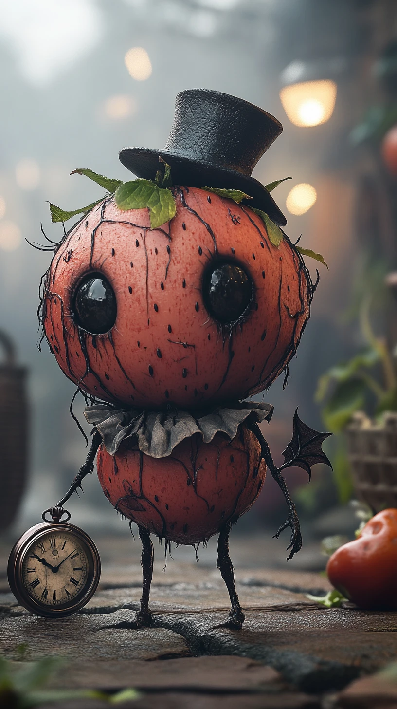 Gothic chibi strawberry creature in a foggy village market