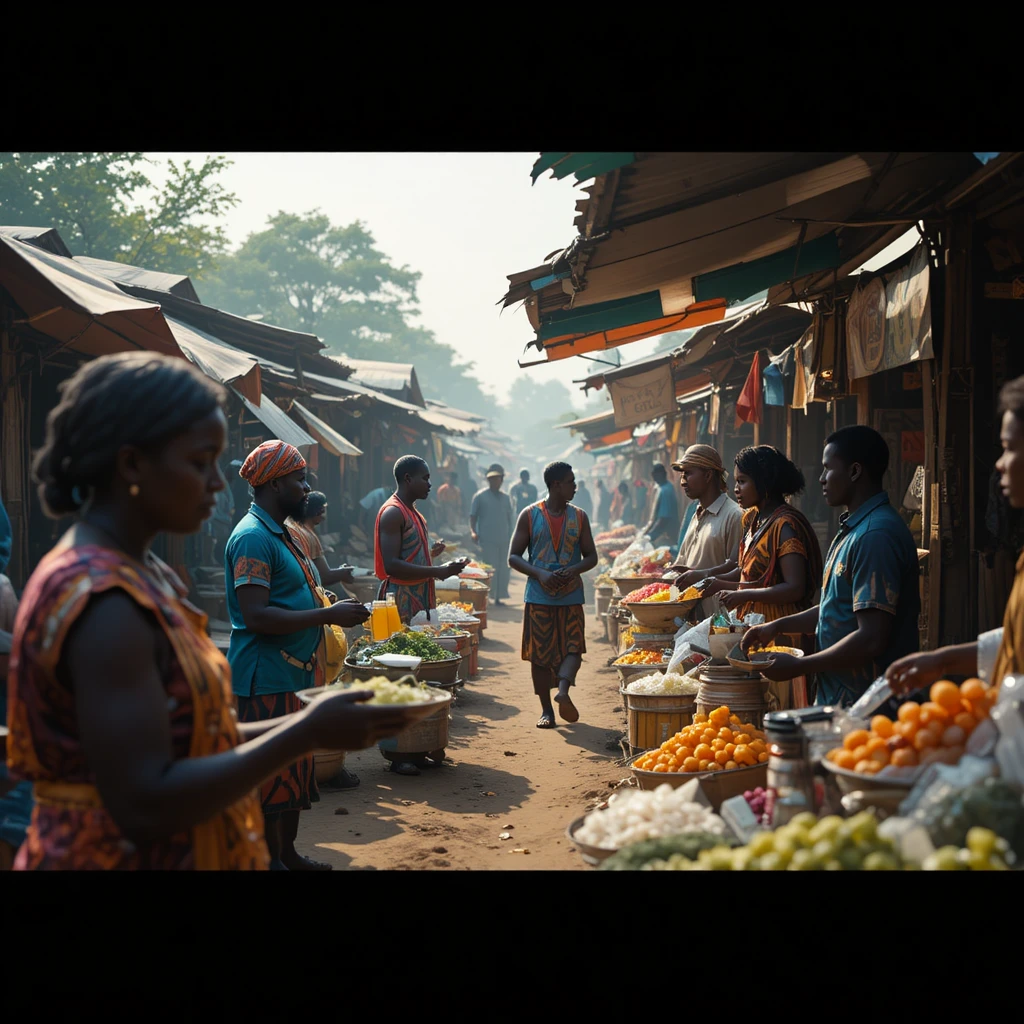 Busy African street market sellers in a crowded scene