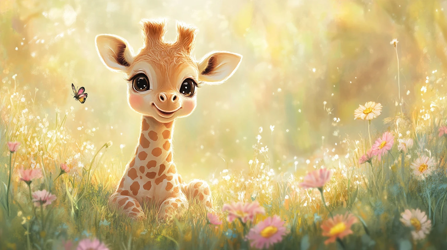 Cute Baby Giraffe Sitting In A Sunny Flower Meadow