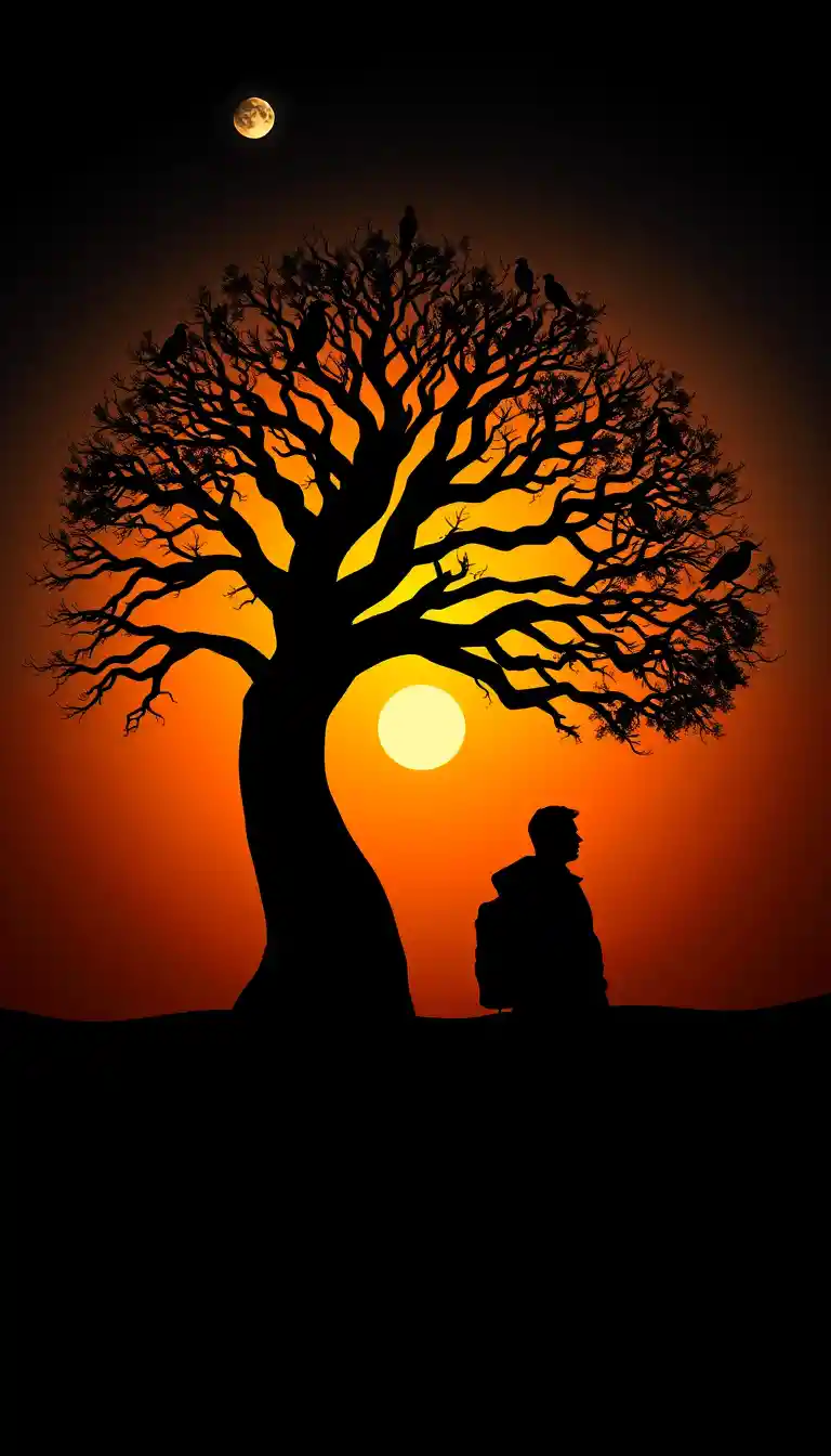Silhouette surreale di testa‑albero al tramonto con viaggiatore solitario