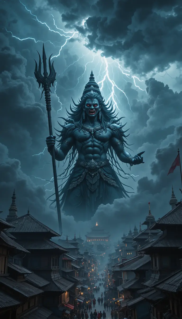 Ferocious Hindu deity towering over stormy Kathmandu sky