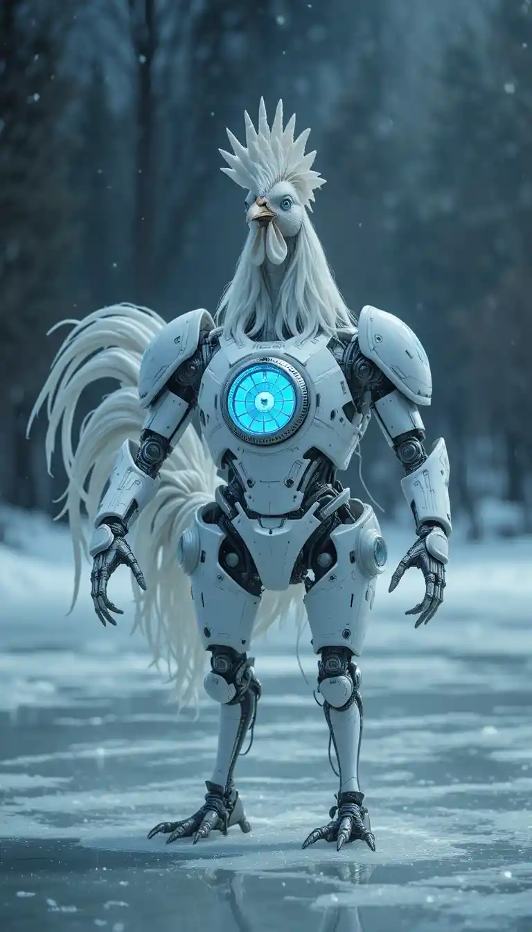 Mechanical rooster dancing on a frozen lake at night