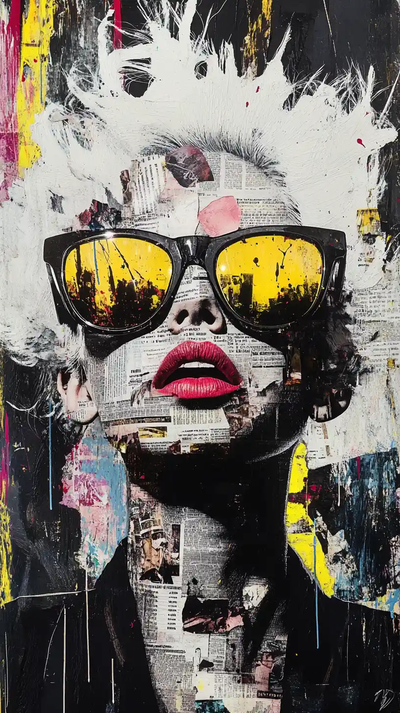Woman portrait with abstract newspaper collage overlays