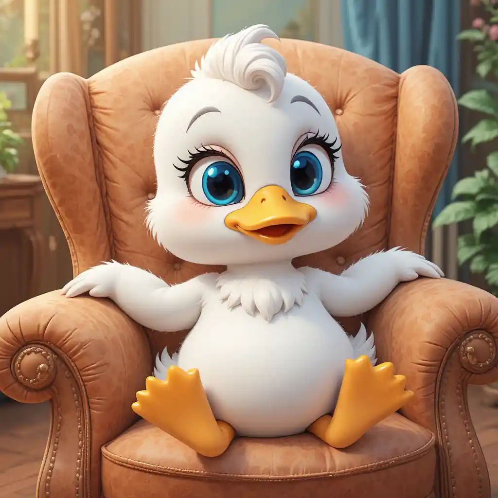 Cute cartoon white duck relaxing in a comfy chair