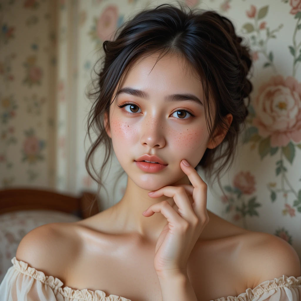 Young woman in soft light against floral vintage wallpaper