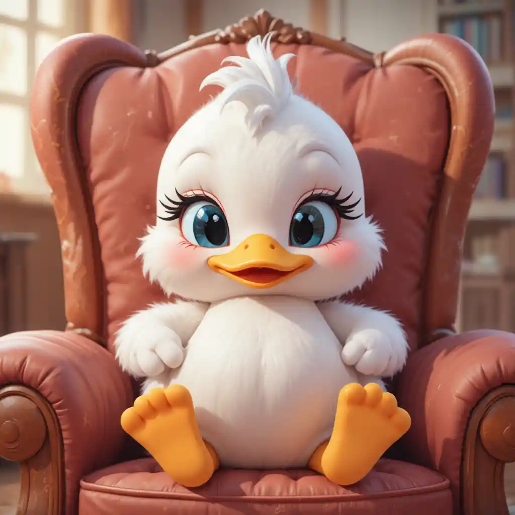 Cute cartoon white duck relaxing in a cozy chair
