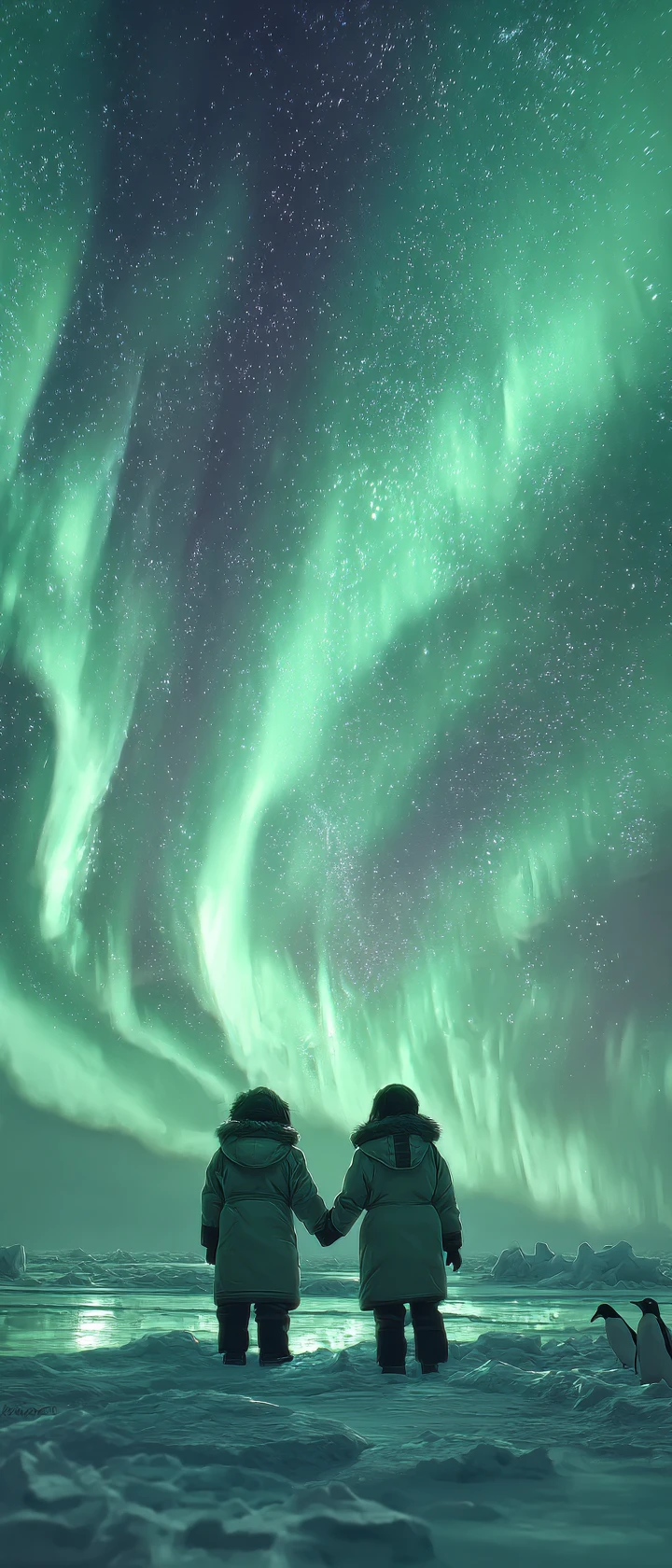 Two girls holding hands under the Antarctic aurora