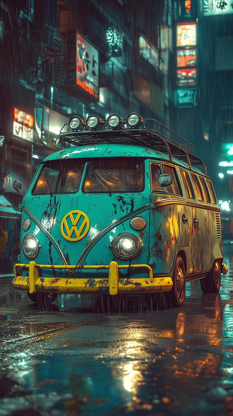 Furgone vintage personalizzato in una strada cittadina piovosa al neon