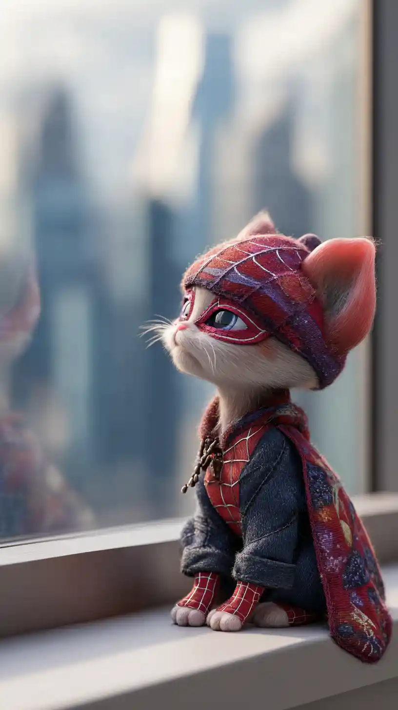 Playful kitten superhero on windowsill facing city skyline