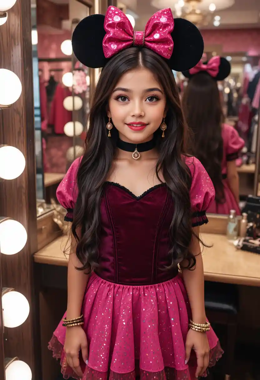 Shy tween in pink Minnie dress at boutique vanity
