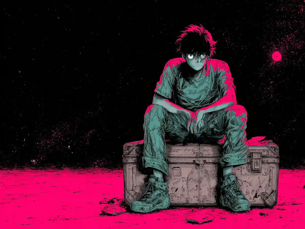 Young anime man on vintage trunk in horror ink style