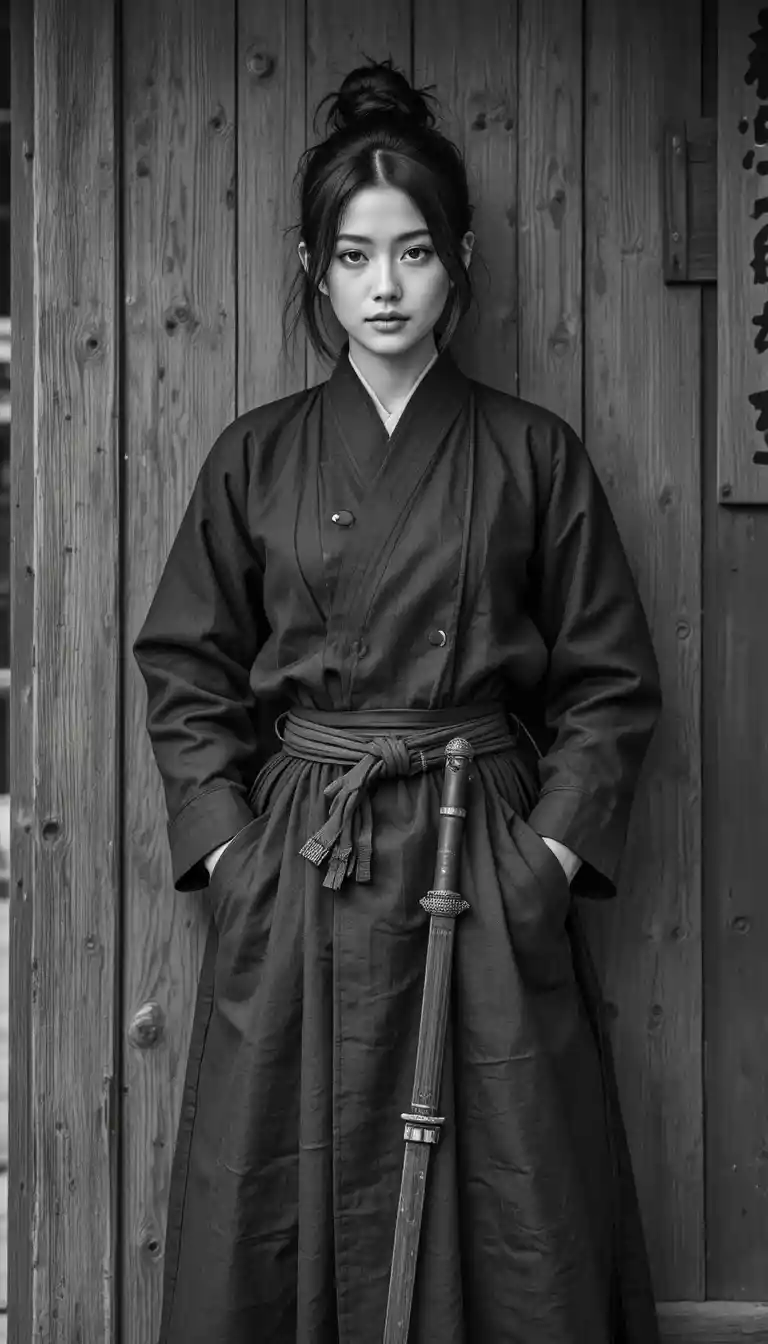 Young samurai woman in black and white against wooden wall