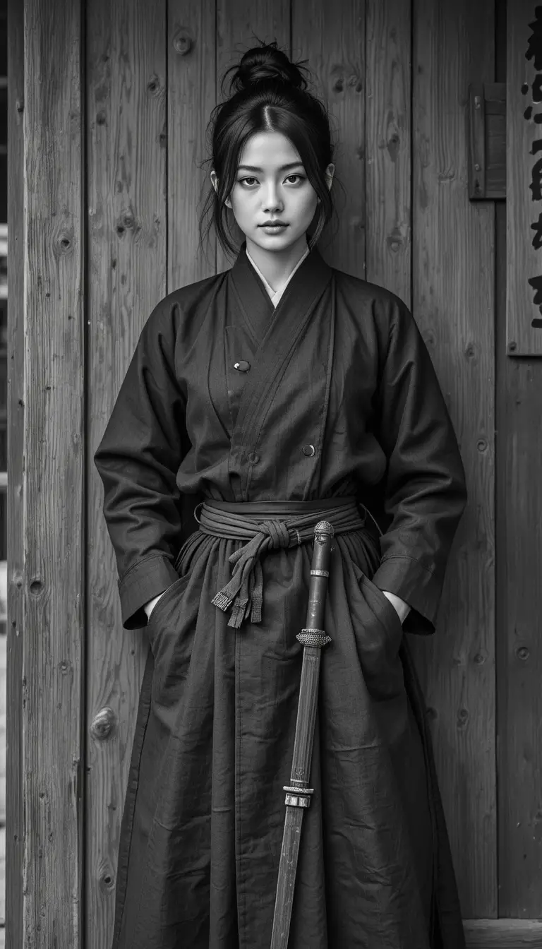 Young samurai woman in black and white against wooden wall