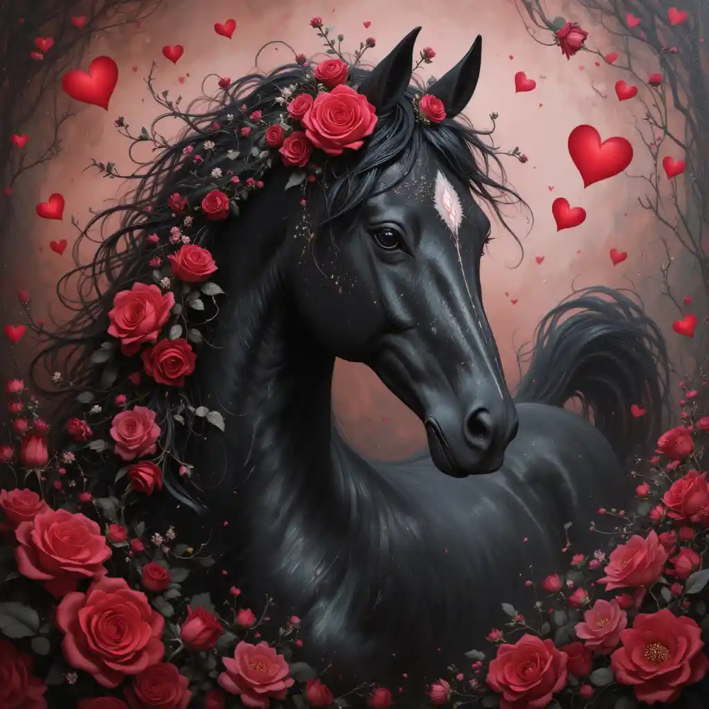 Black horse with red roses in a romantic fantasy scene