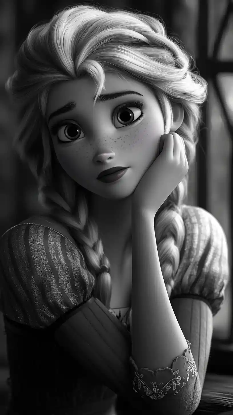 Retrato em preto e branco de conto de fadas de uma princesa pensativa