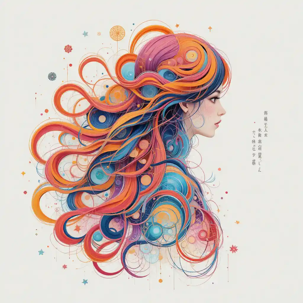 Abstract profile of a young girl in swirling colorful circles