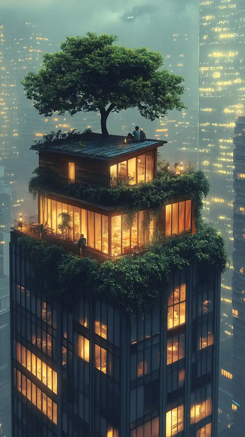 Rustic cottage perched on a skyscraper at dusk