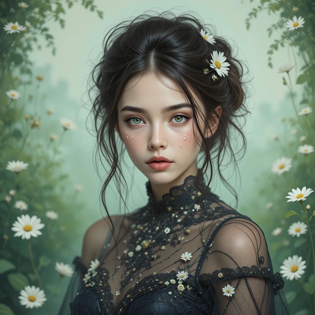 Young woman portrait with floral petals and green backdrop