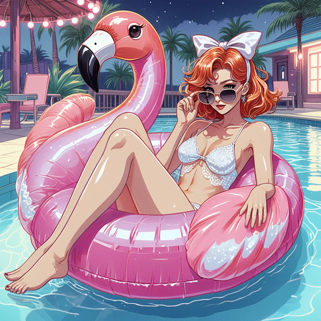 Anime girl relaxing on neon pool flamingo at night