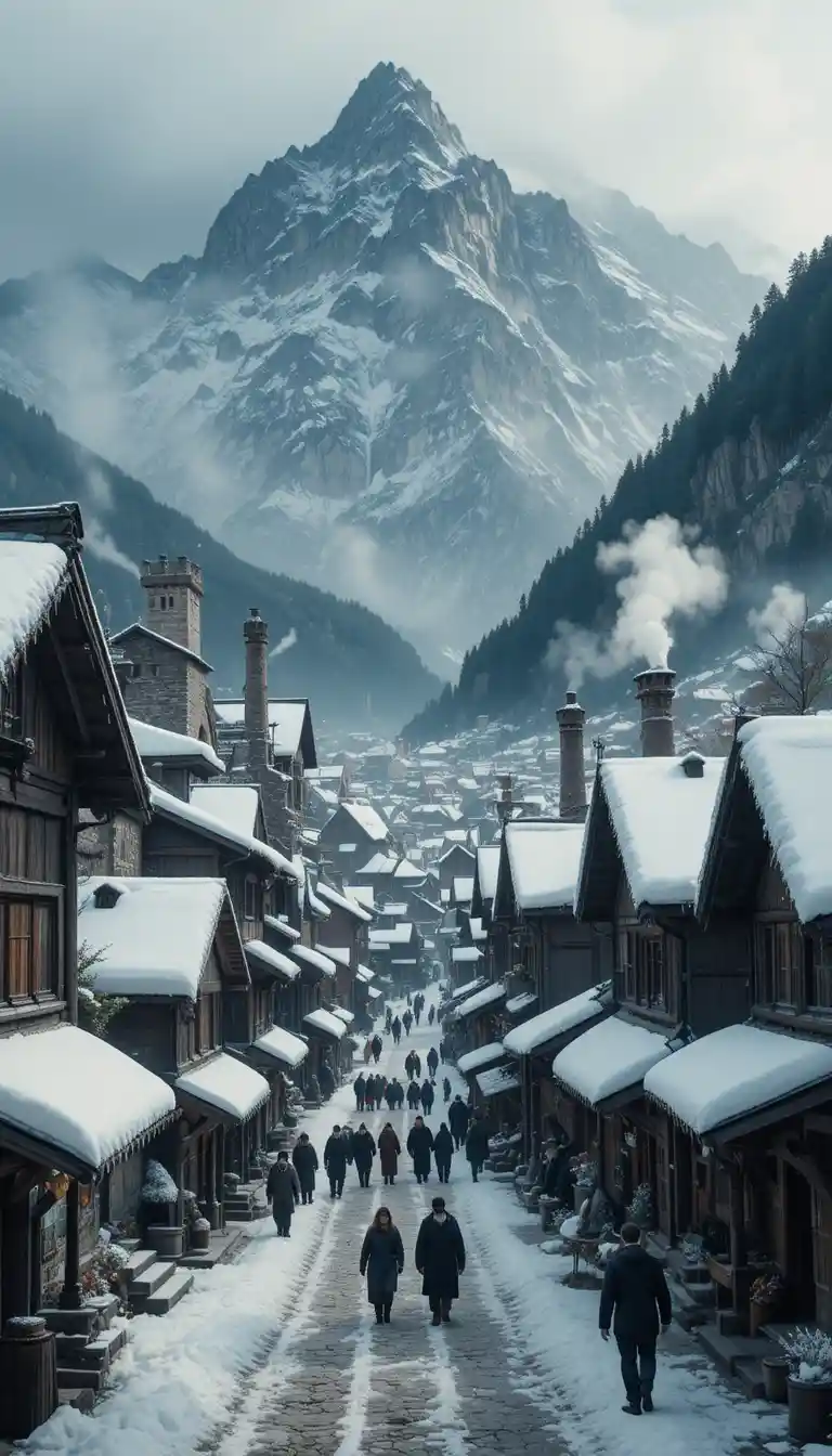 Medieval mountain town in winter with busy snowy streets