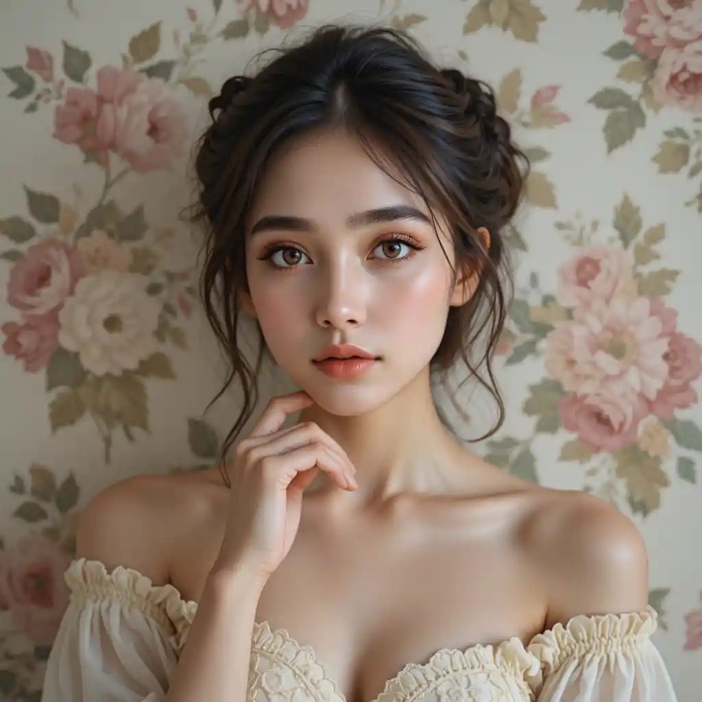 Young woman in soft light against floral vintage wallpaper