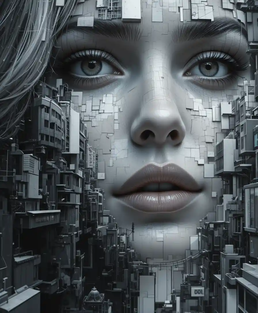 Abstract close up portrait of a woman in urban greyscale