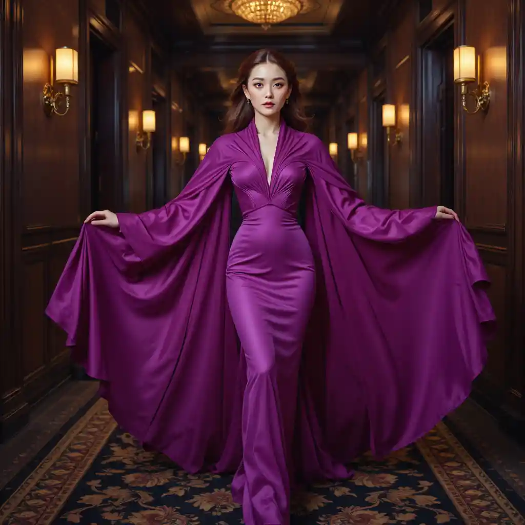 Contessa avvolta nel magenta che percorre un corridoio d’hotel in penombra