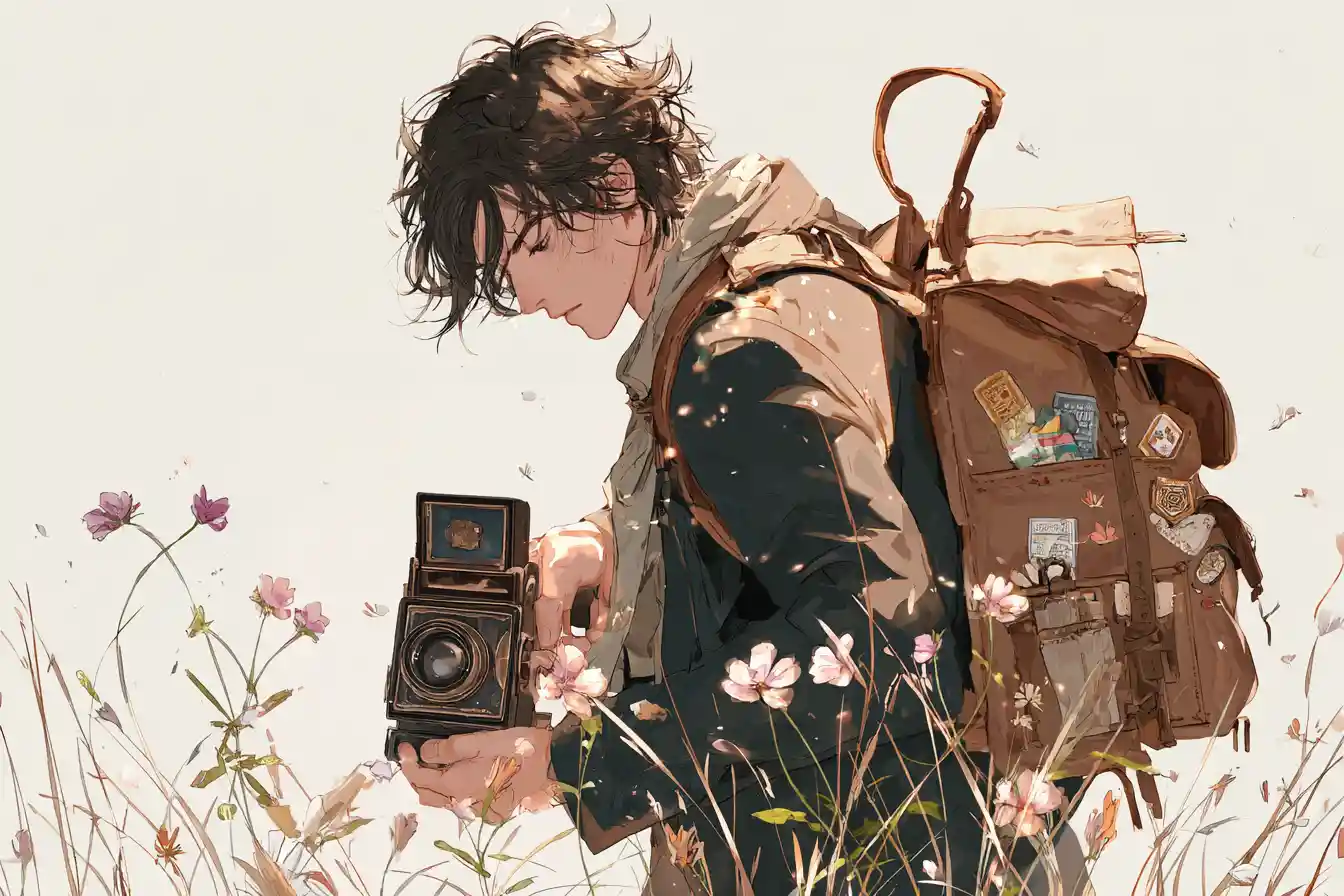 Anime traveler portrait with vintage camera and backpack