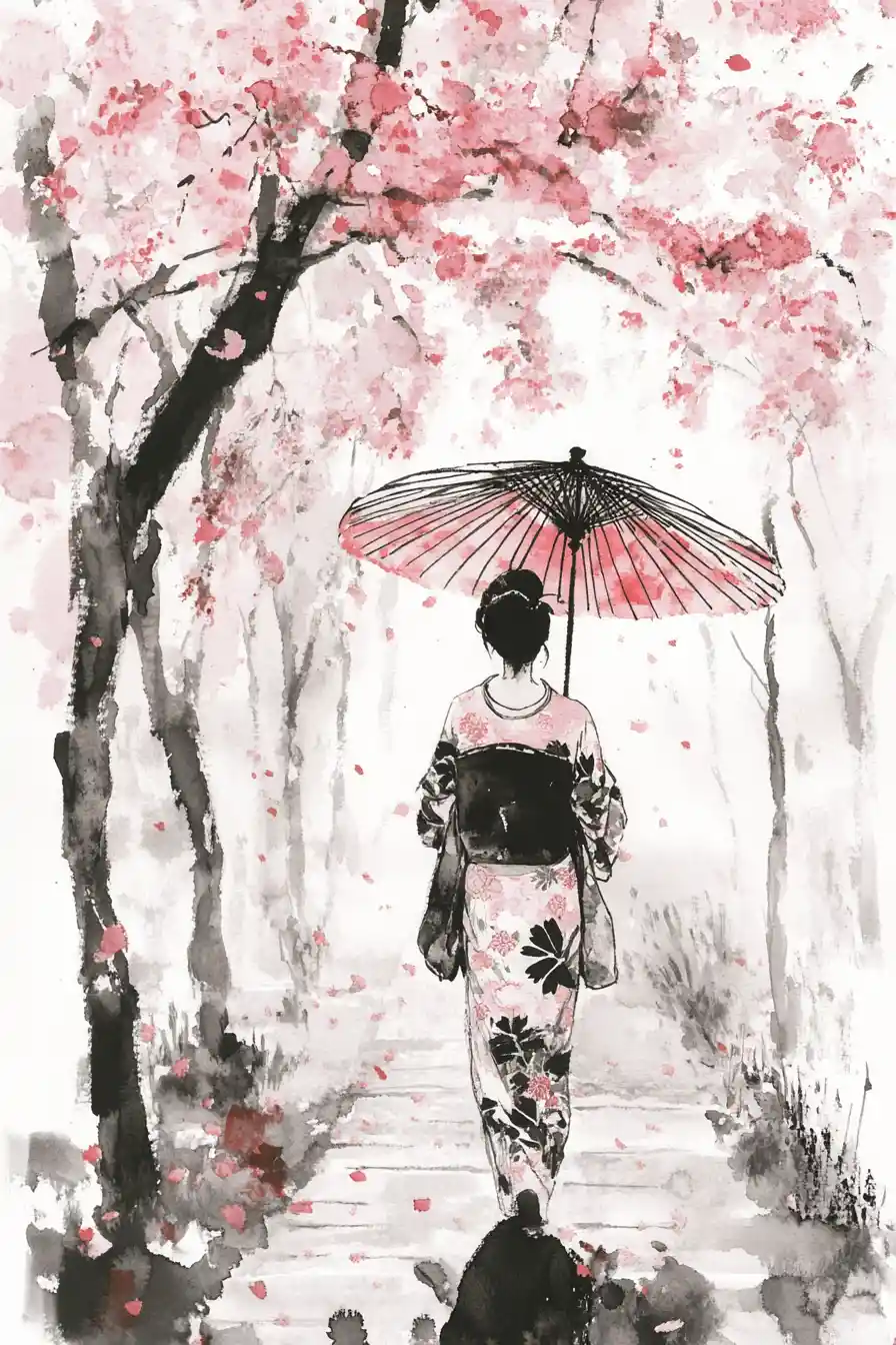 Donna giapponese in kimono tra i ciliegi in fiore sotto la pioggia