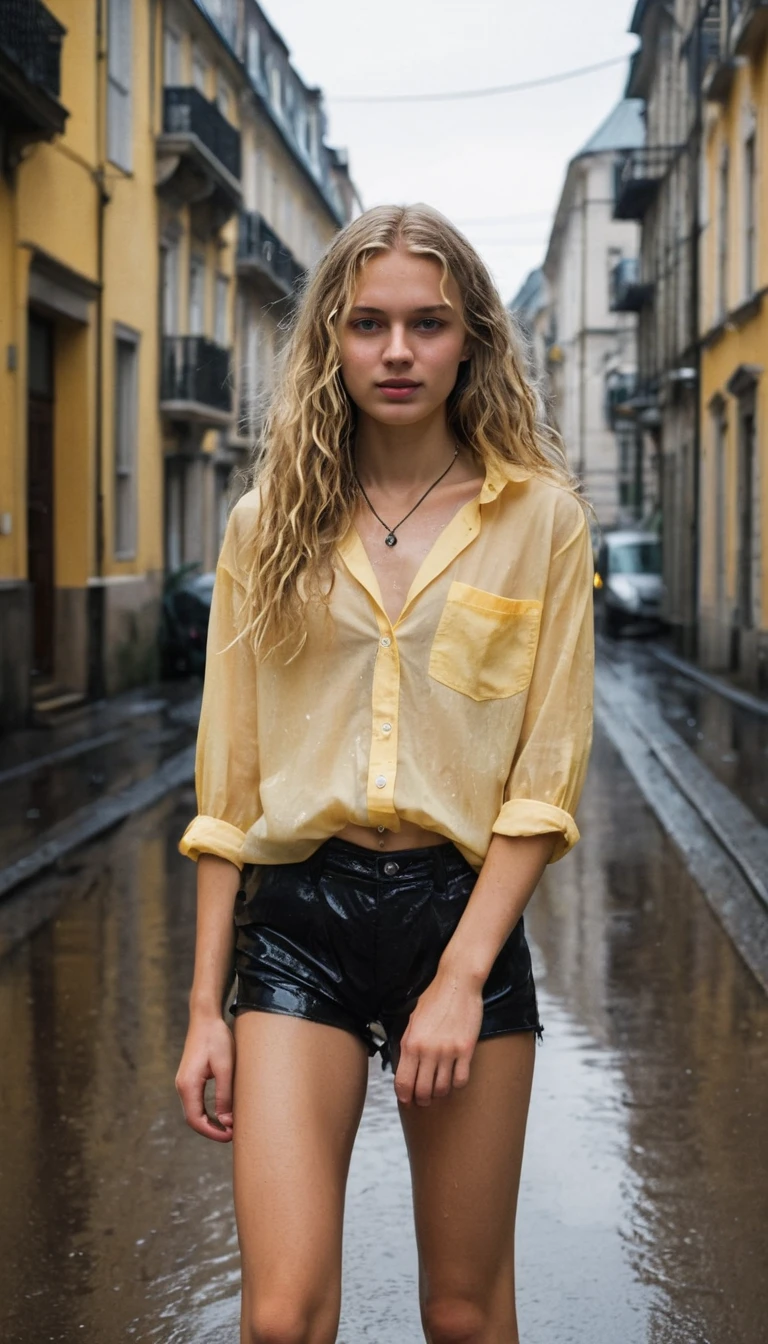 Young blonde girl in yellow shirt on rainy city street