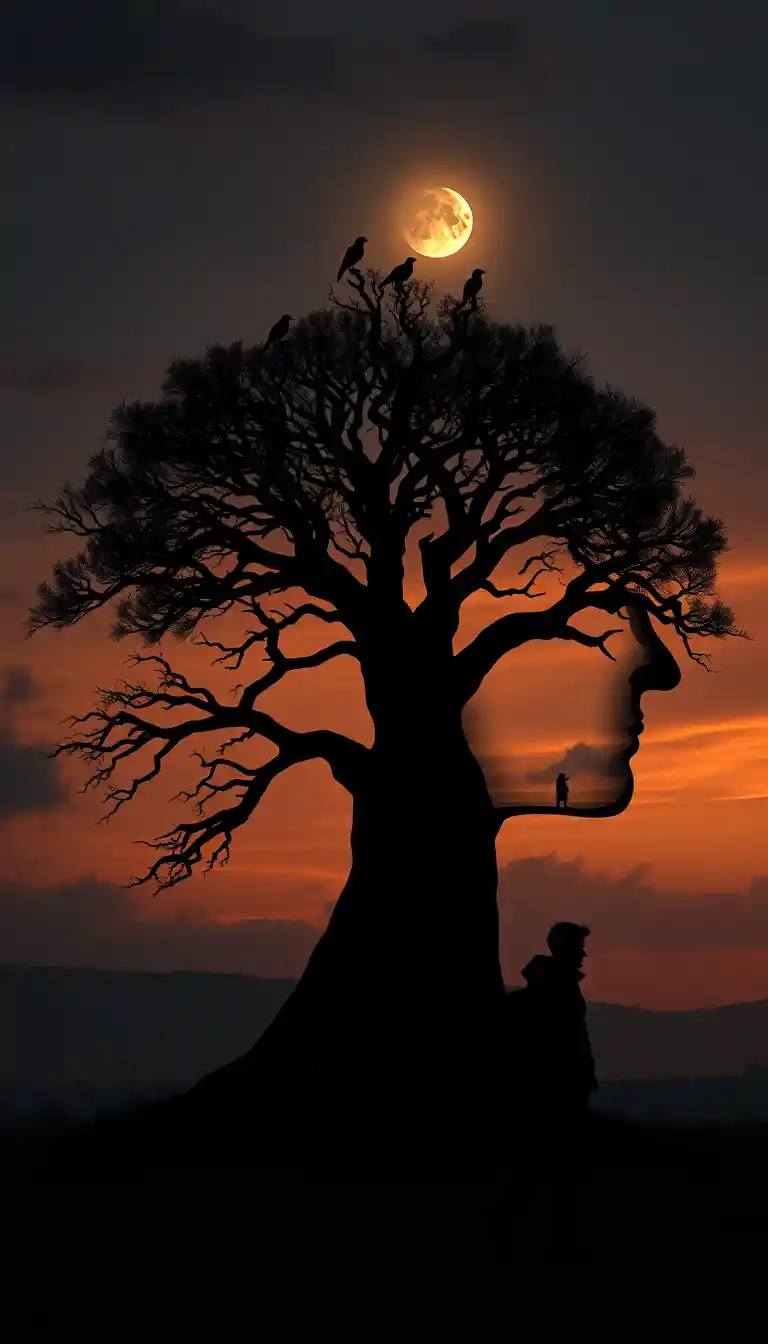 Surreal tree silhouette shaped like a human head at sunset
