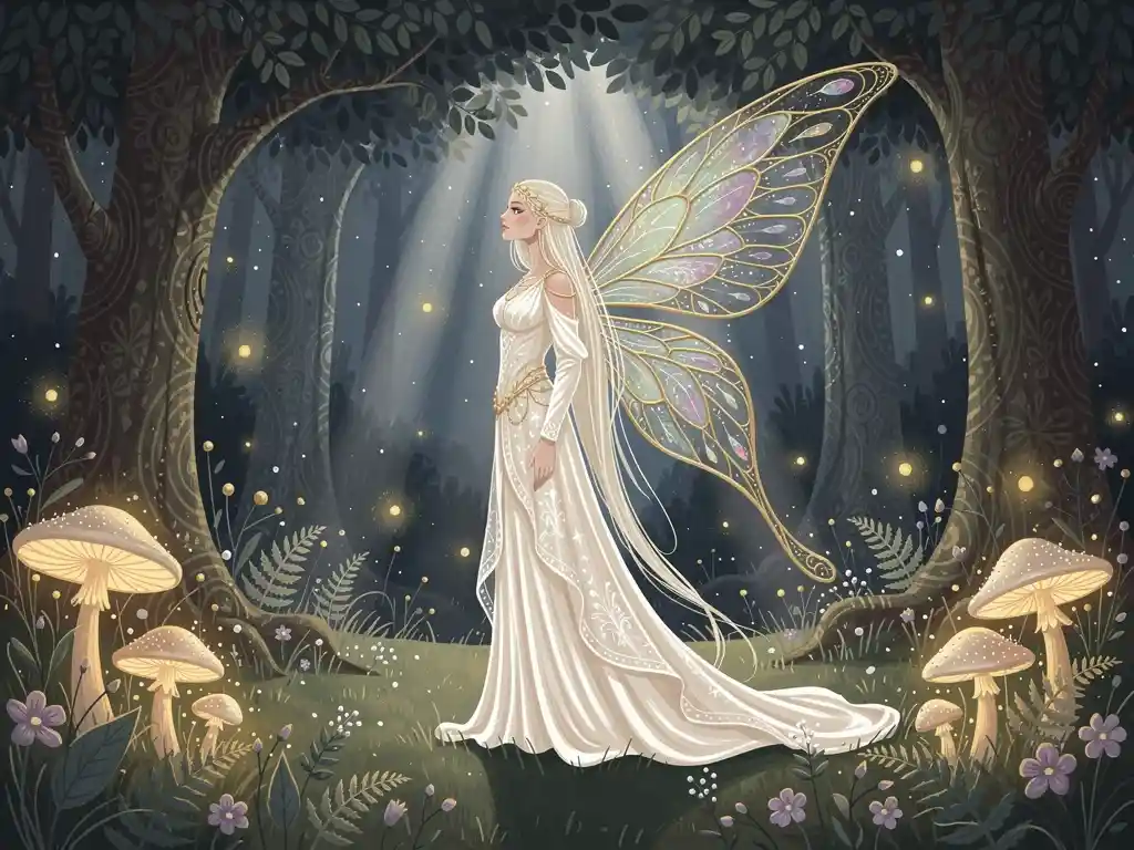 Elegant fairy woman in a moonlit enchanted forest