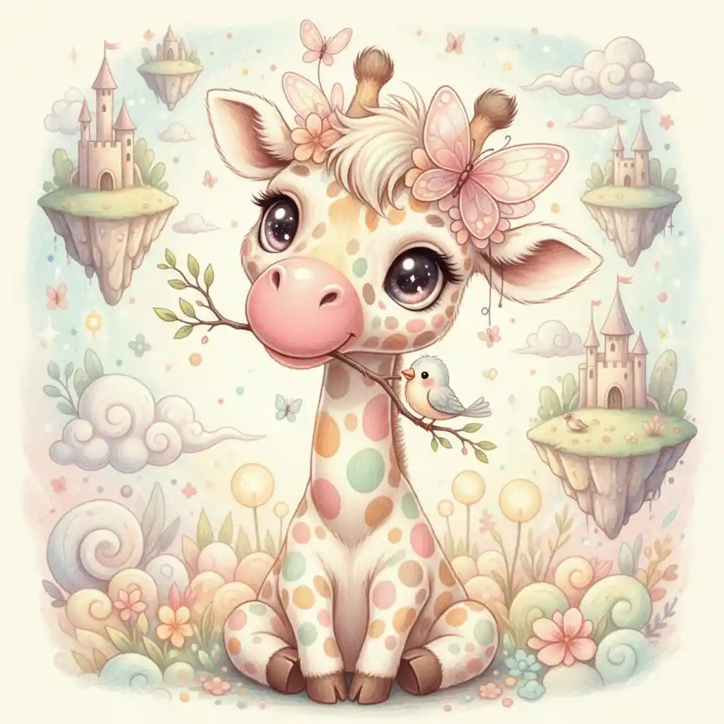 Cute baby giraffe cartoon with flowers and tiny bird
