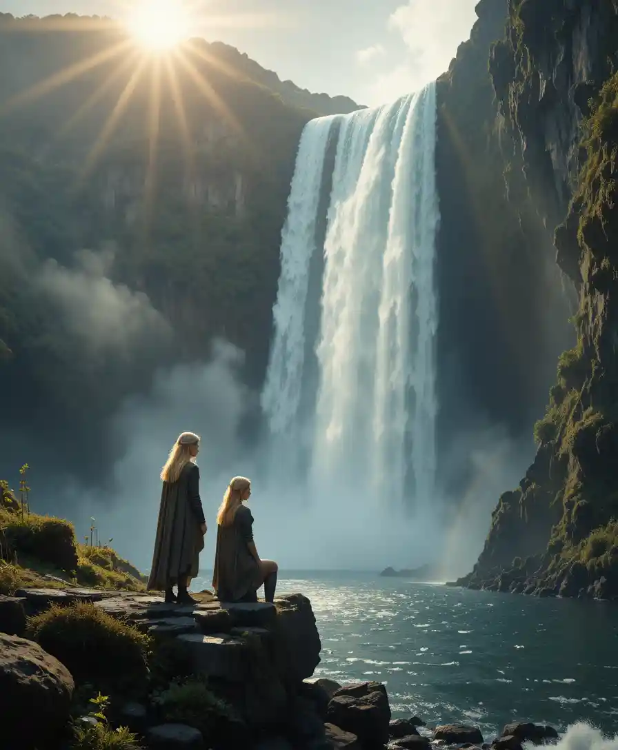 Jóvenes chicas junto a una cascada bañada por el sol en un fiordo noruego