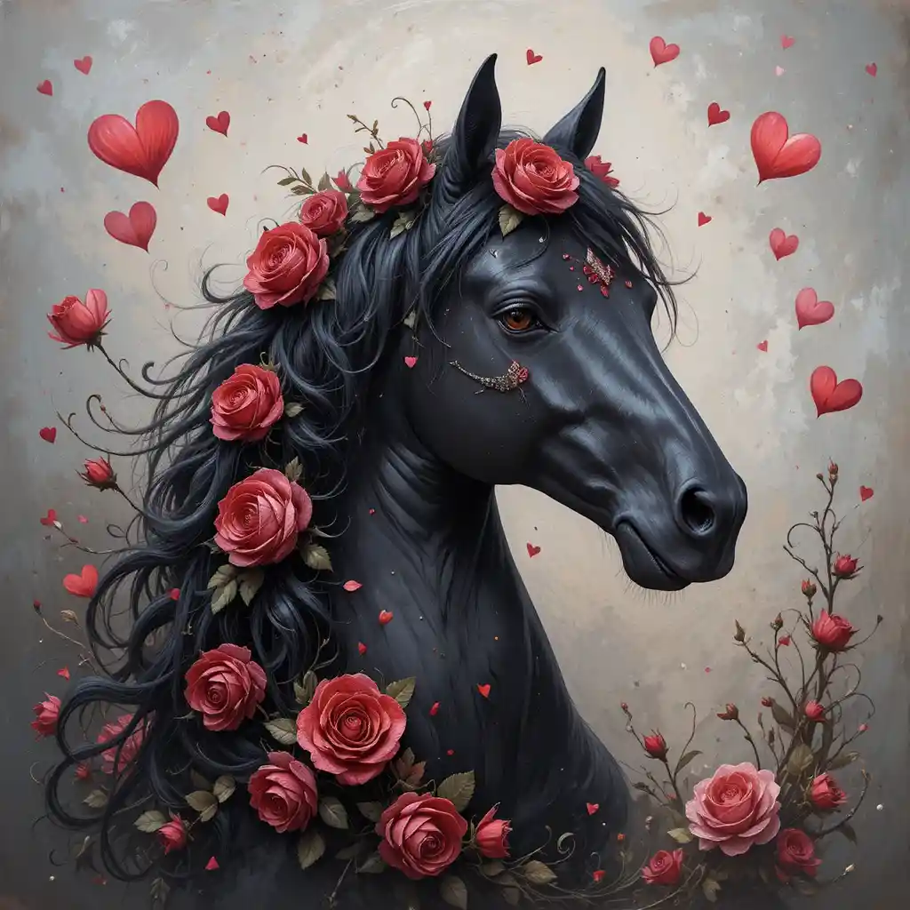 Black horse with red roses in a romantic fantasy aura