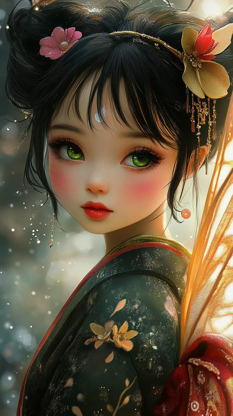 華麗和服與金色羽翼的亞洲精靈肖像