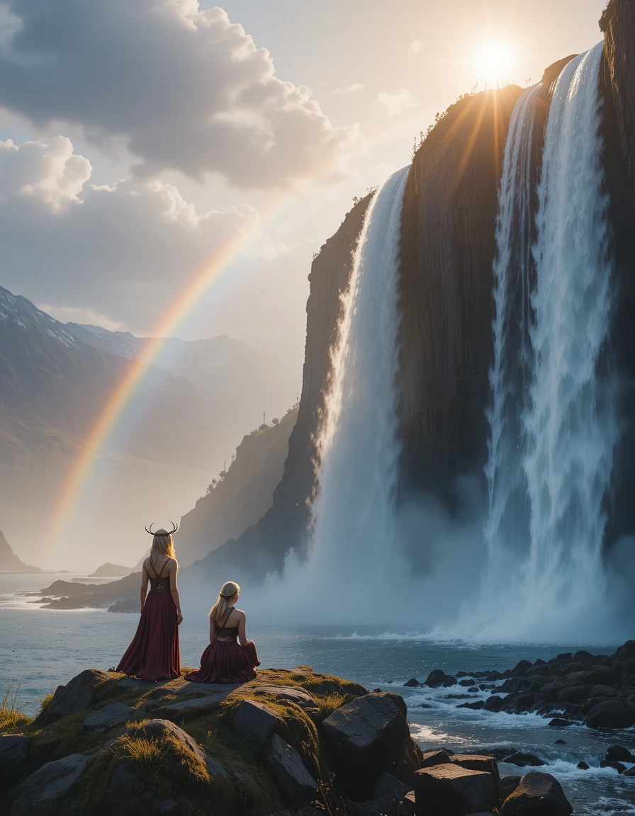 Jeune fille et femme viking près d’une lumineuse cascade norvégienne