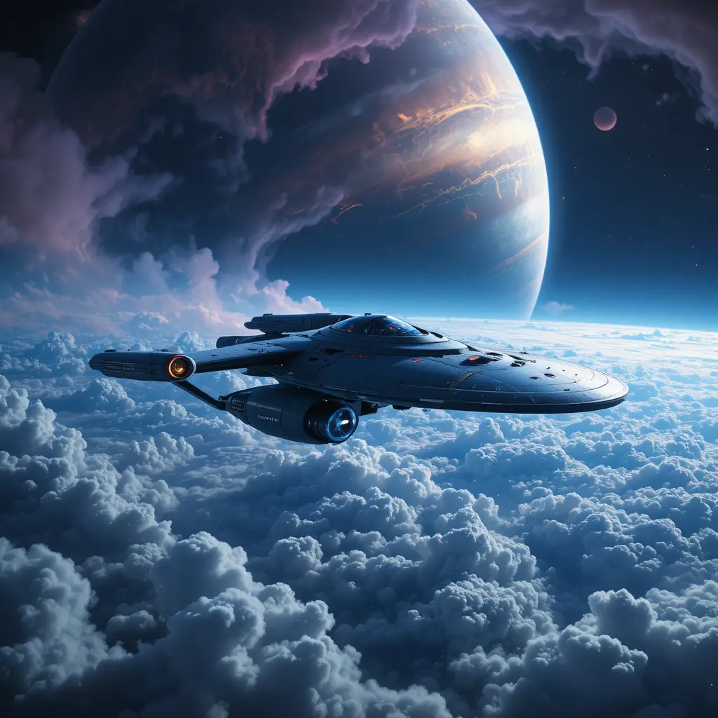 星艦滑翔穿越巨大氣體行星的雲層